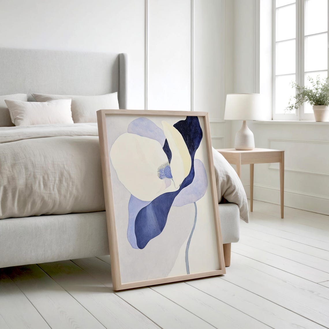 Minimalist Blue And White Flower Painting Art Print - Image 2