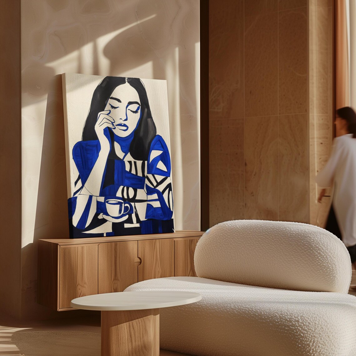 Woman With Coffee Cup in Cobalt Blue Modern Illustration Poster - Image 2