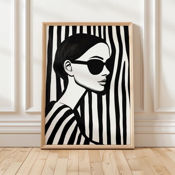 Sunlit Confidence Bold Black And White Woman Portrait Striped Fashion Print Modern Wall Art Monochrome
