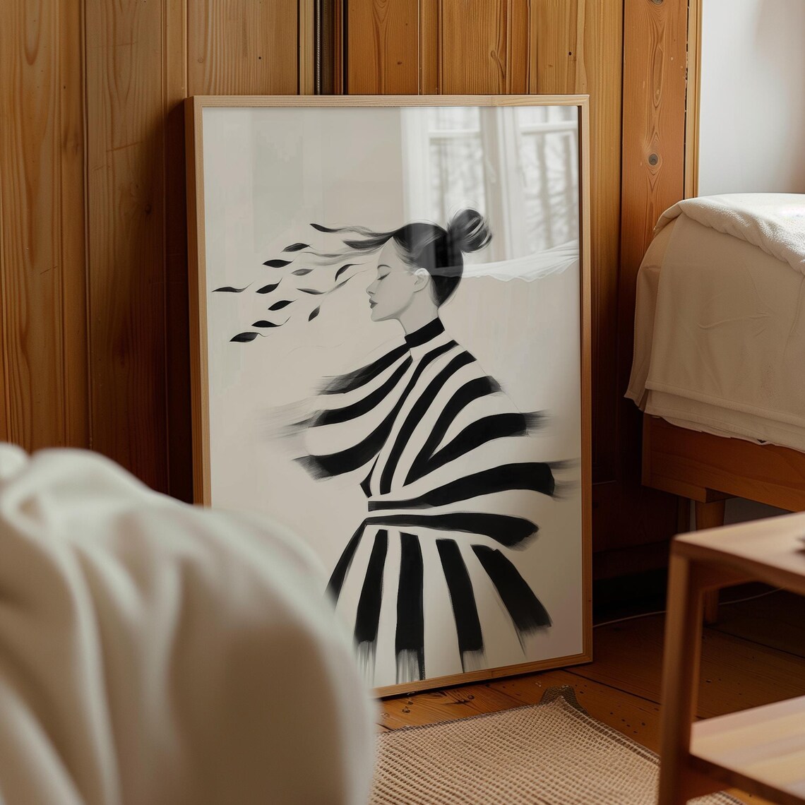 Elegant Woman With Windblown Hair In Striped Dress Art Poster - Image 2
