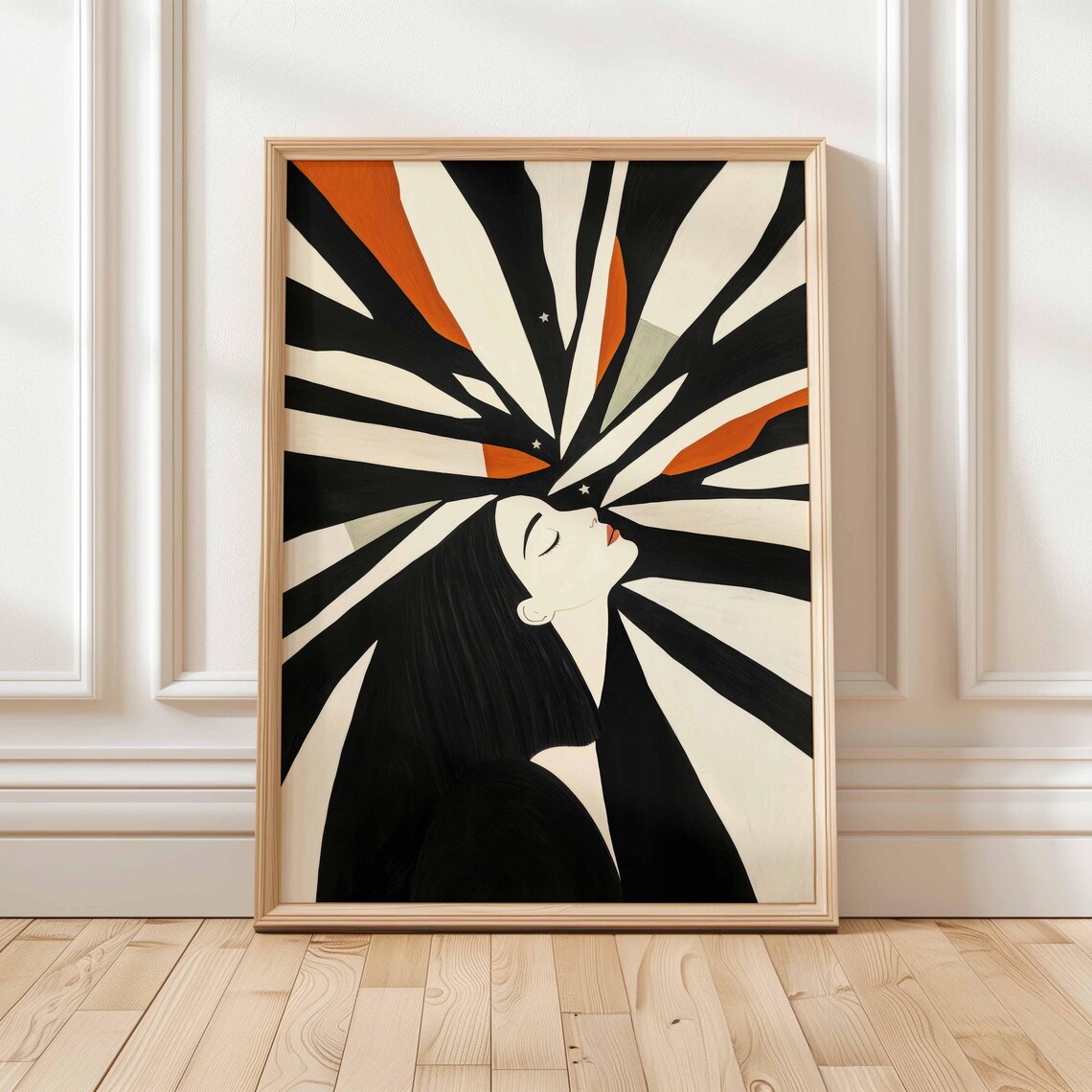 Surreal Woman Portrait with Radiating Lines, Minimalist Print