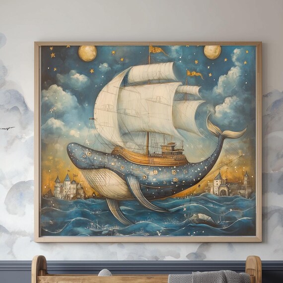 Starry Night Whale Sailboat Ship Fantasy Nautical Nursery Wall Poster