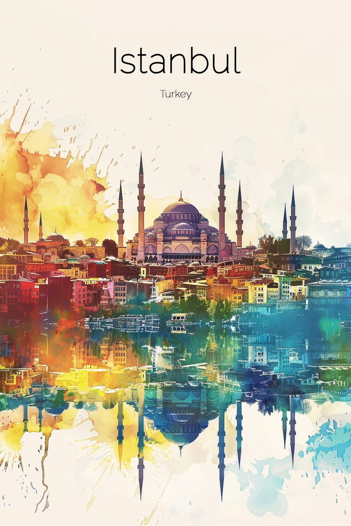 Istanbul Turkey Watercolor Mosque Skyline Bosphorus Reflection Poster - Image 2
