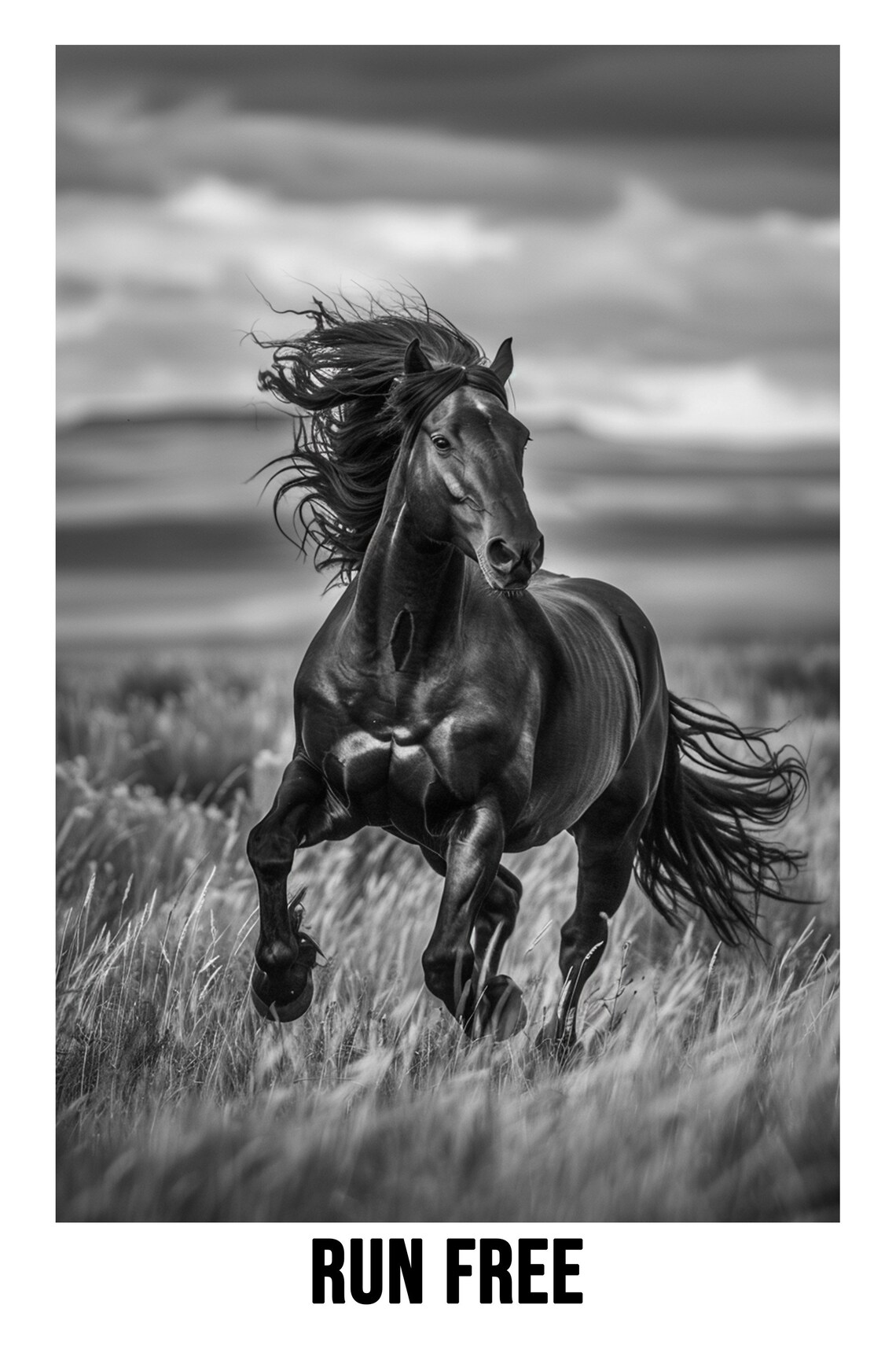 Black Horse Galloping Wild And Free Run Free Black White Poster - Image 2