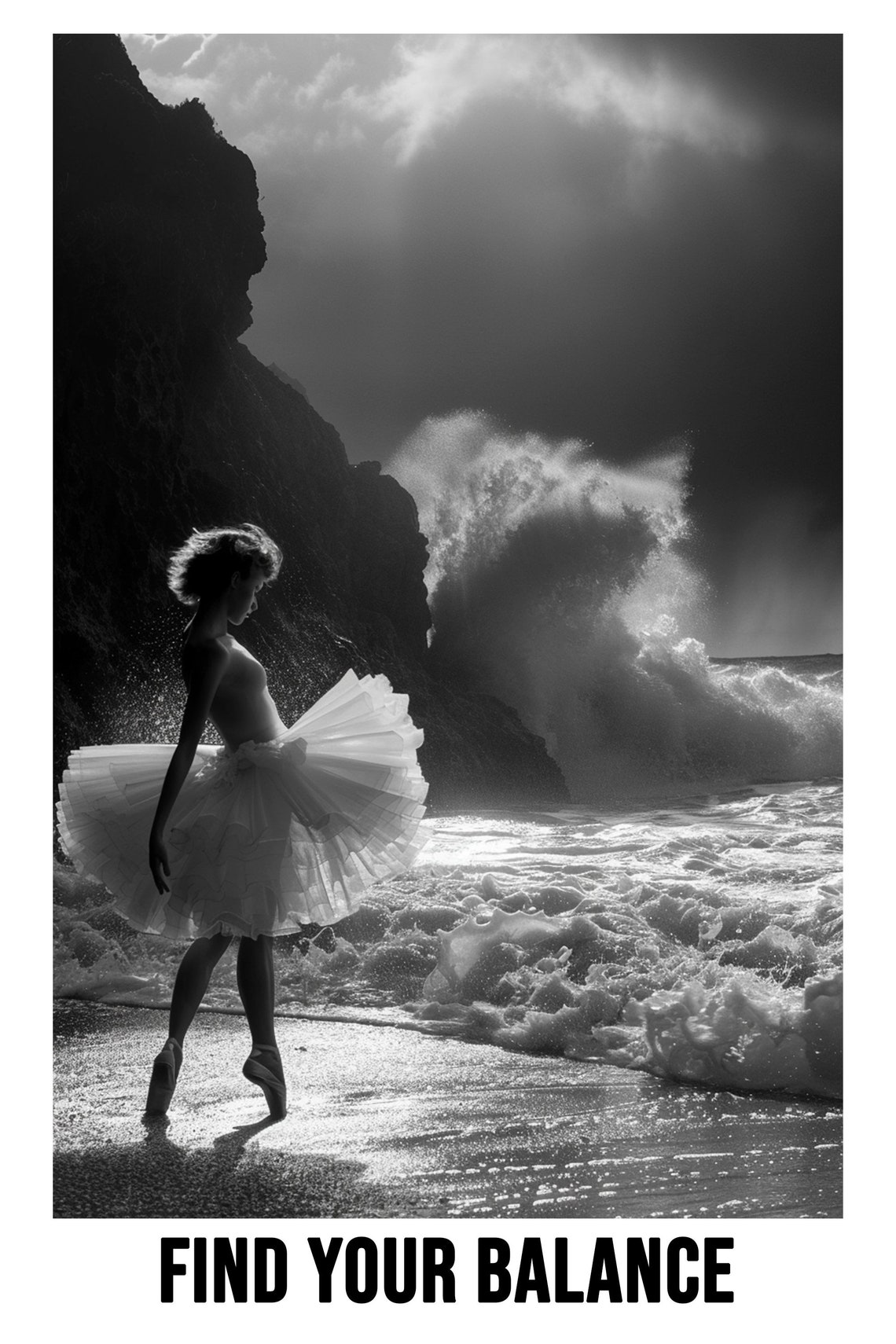 Ballerina In Tutu On Beach Find Your Balance Black White Poster - Image 2