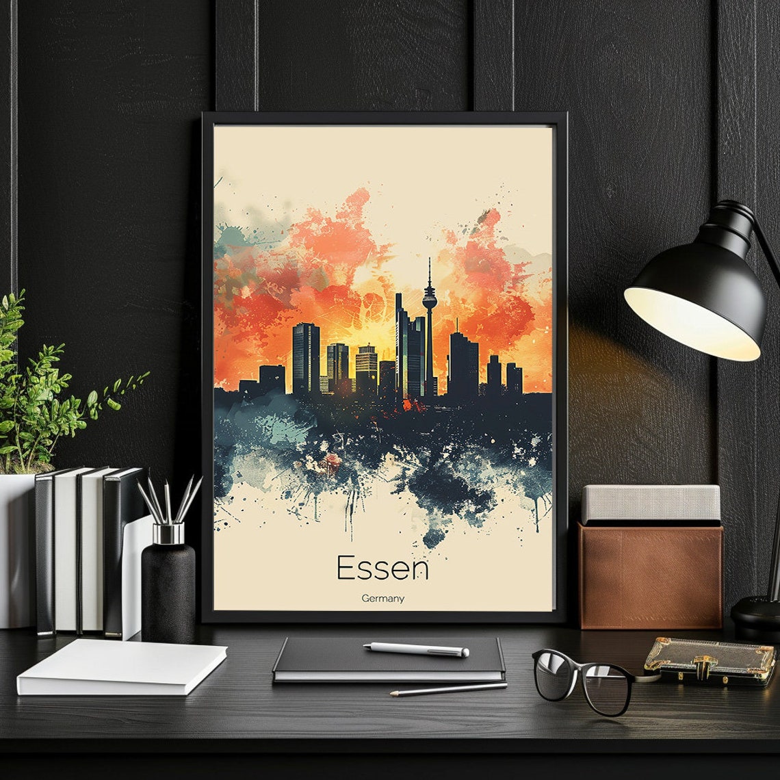 Essen Germany Watercolor Skyline TV Tower Dusk Sunset Glow Poster