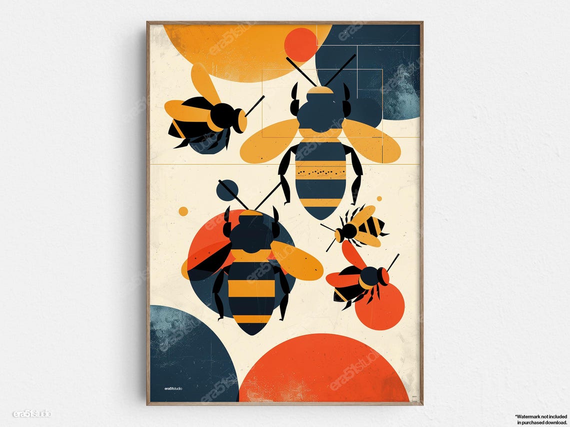 Graphic Bees Original Midcentury Modern Minimalist Wall Art