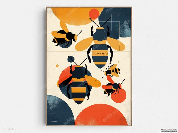 Graphic Bees Original Midcentury Modern Minimalist Wall Art