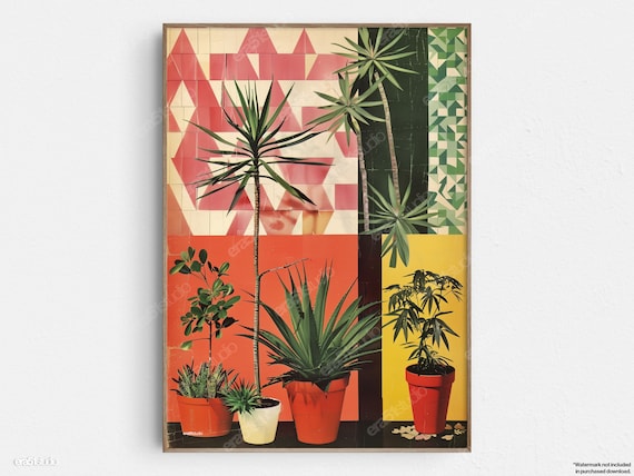 Potted Plants Geometric Shapes Retro Collage Botanical Art Poster