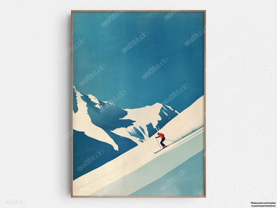 Minimalist Mountain Skier Original Midcentury Modern Wall Art