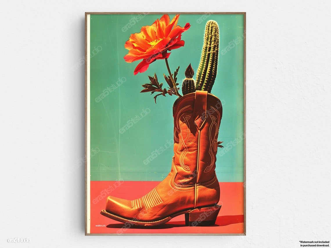Cowboy Boot Cactus Flower Western Original Midcentury Modern Minimalist Wall Art