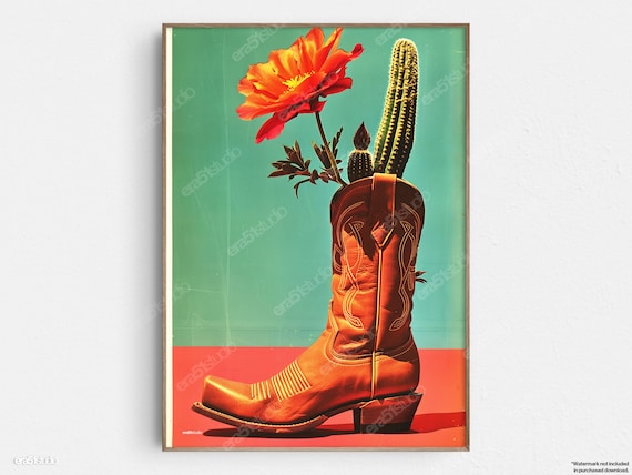 Cowboy Boot With Cactus And Flower Western Style Retro Desert Poster