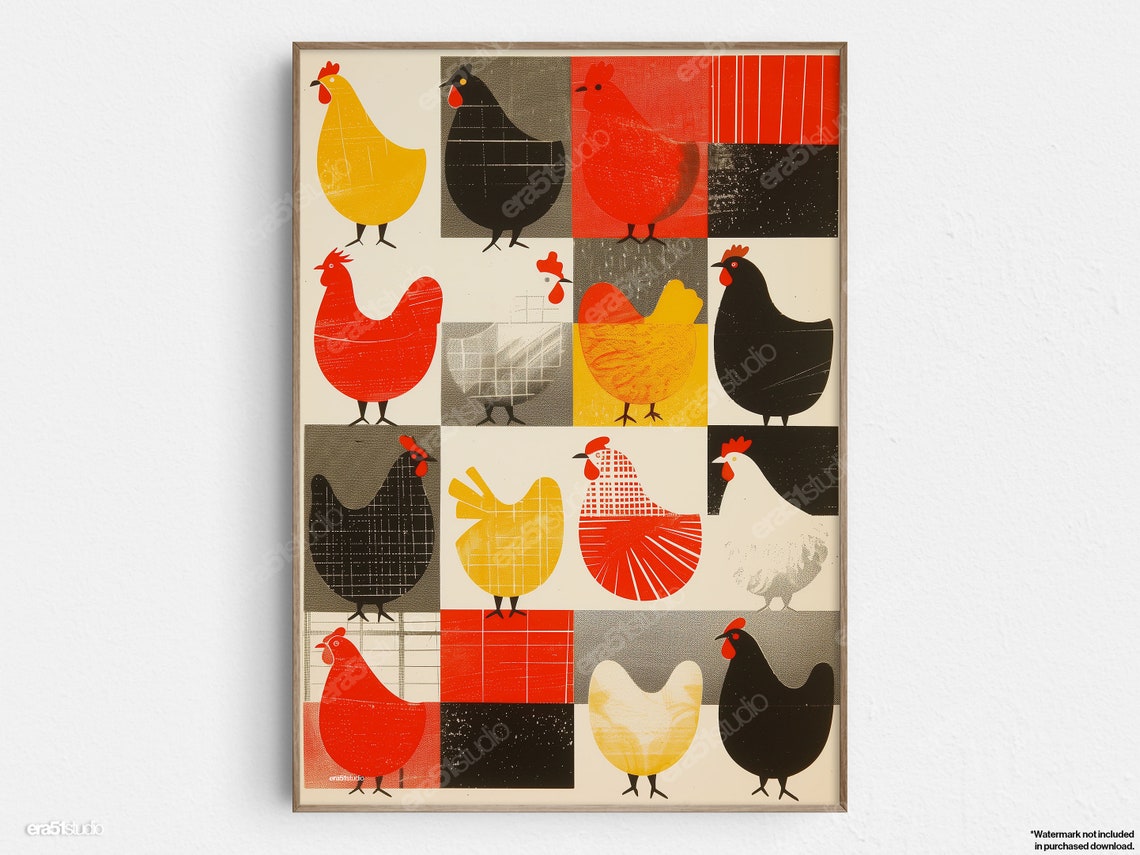 Avian Silhouette Charmed Chickens Original Midcentury Modern Minimalist Wall Art