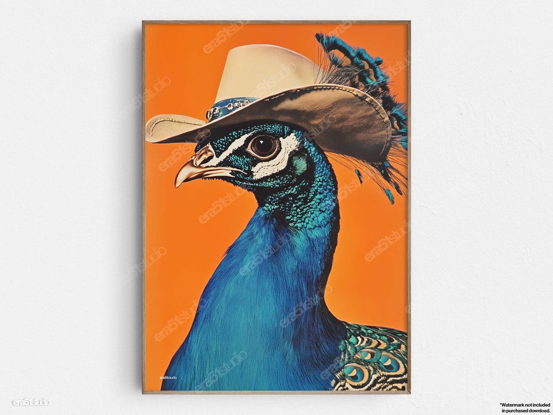 Quirky Peacock Wearing Cowboy Hat On Vibrant Orange Background Poster