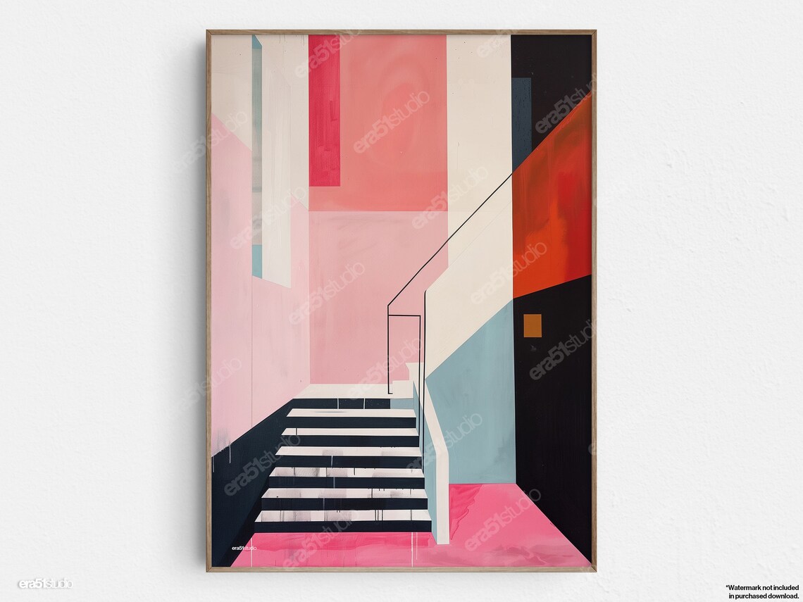 Staircase To Pink Minimalism, Mid-Century Modern Art Print