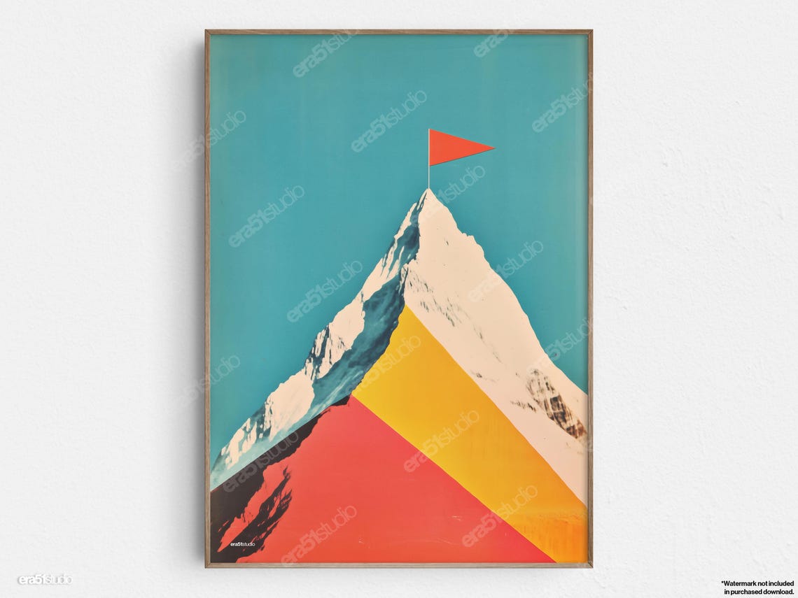Mountain Peak Red Flag Geometric Abstract Summit Adventure Poster