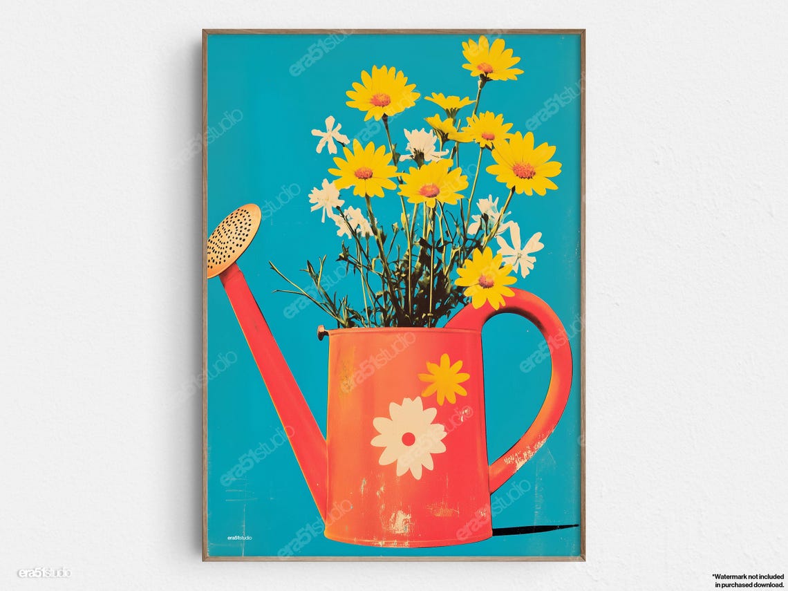 Bright Colorful Watering Can With Yellow Flowers On Teal Poster