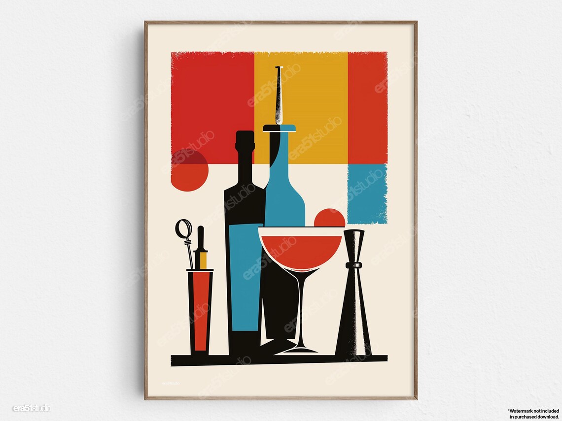 Vintage Cocktail Bar Bottles Shaker Glasses Midcentury Lounge Art Poster