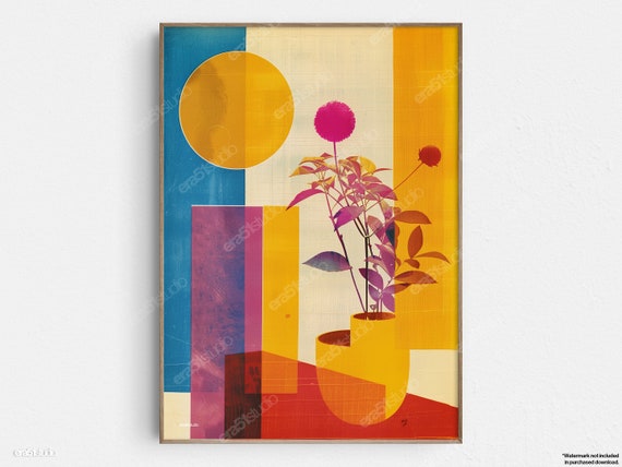 Geometric Harmony With Potted Plant Original Midcentury Modern Minimalist Wall Art