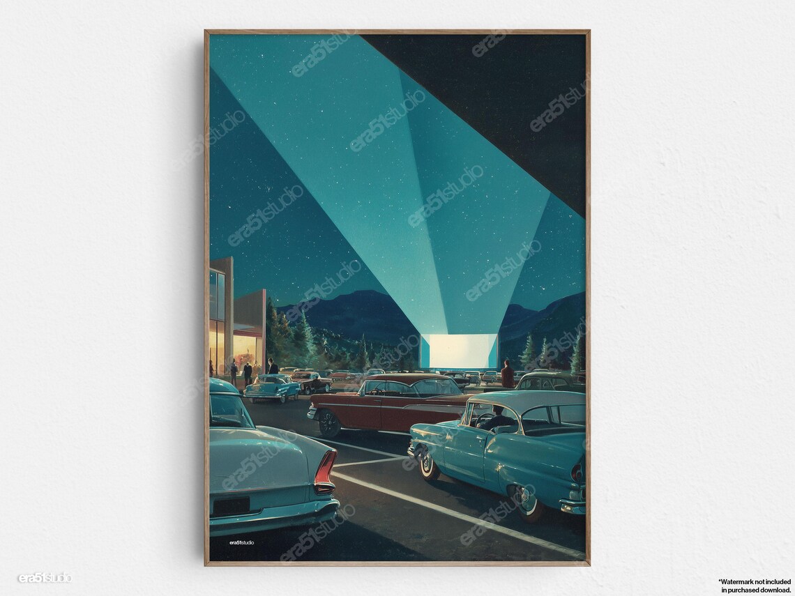 Retro Drive-In Theater Night Scene, Mid-Century Art Print