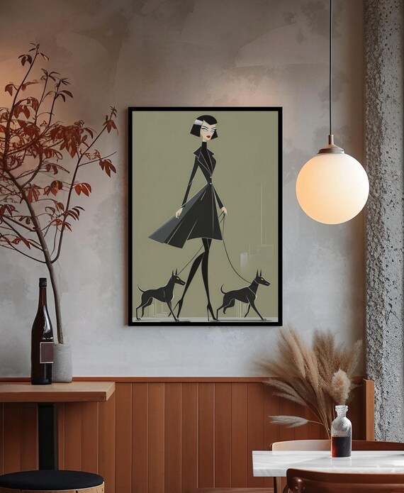 Chic Woman With Dobermans Modern Fashion Illustration Art Poster