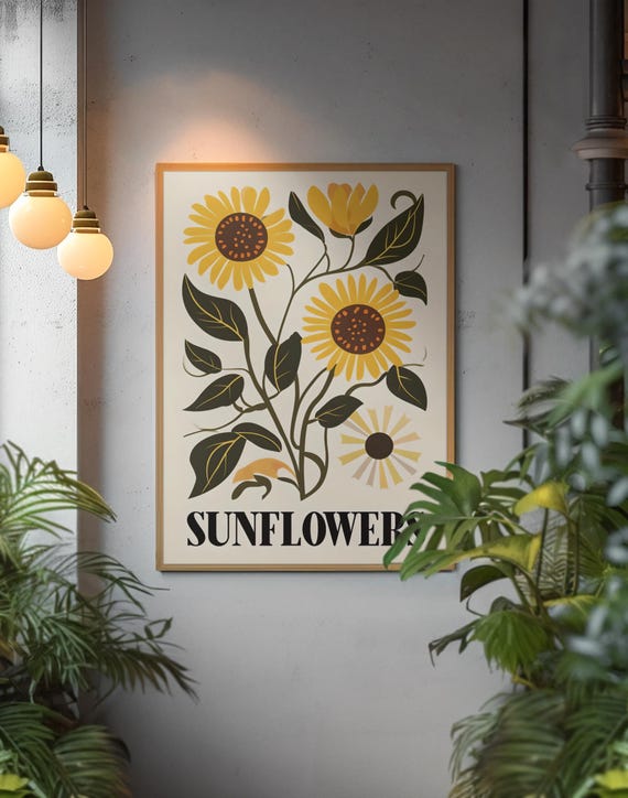 Poster Sunflowers Vintage Botanical Wall Art Floral Print Farmhouse Retro Kitchen Decor