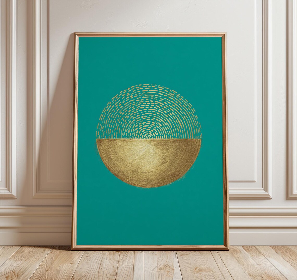 Abstract Gold Circle Poster Modern Minimalist Wall Art Print Teal And Geometric Decor Contemporary Artwork Elegant
