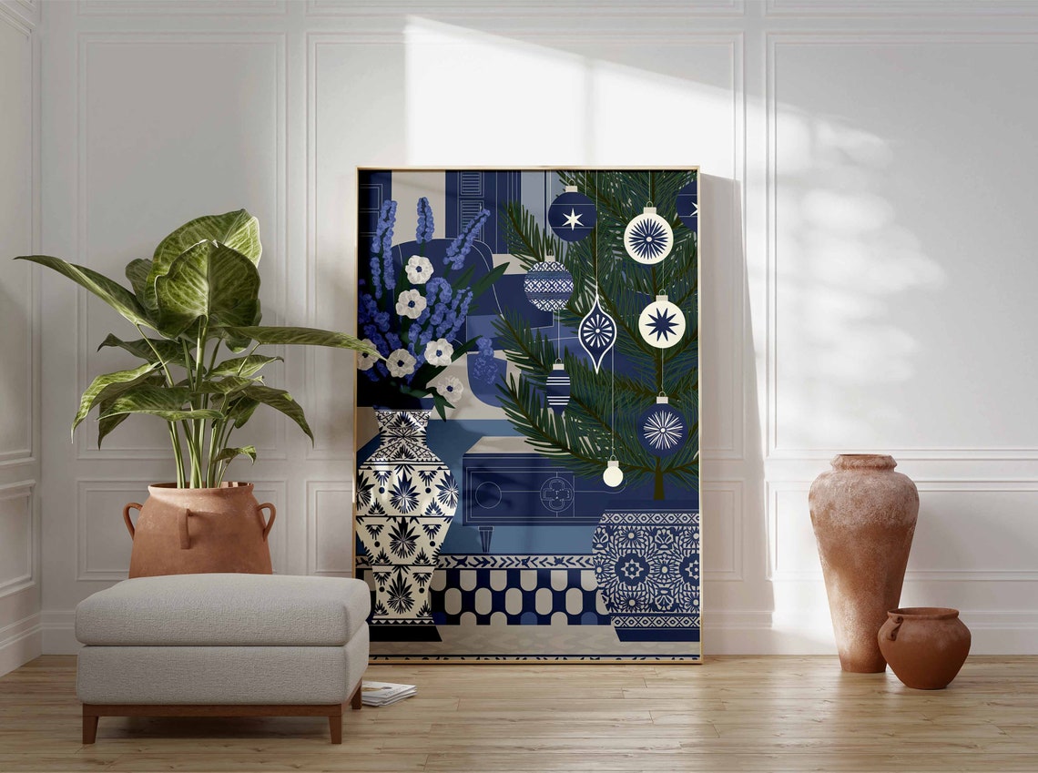 Chinoiserie Christmas Still Life With Blue Vases And Flowers Poster - Image 3