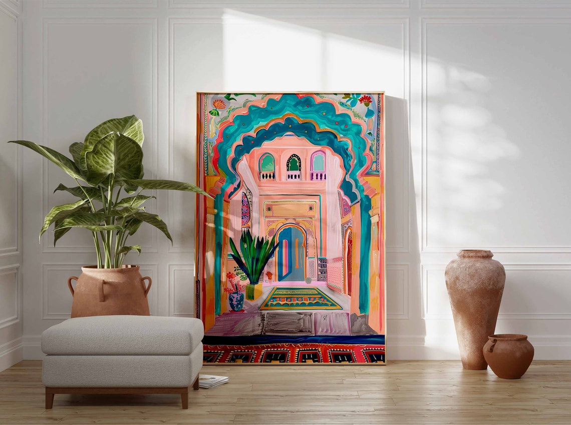 Pastel Pink Palace Arch Turquoise Door Tropical Plants Art Poster - Image 2