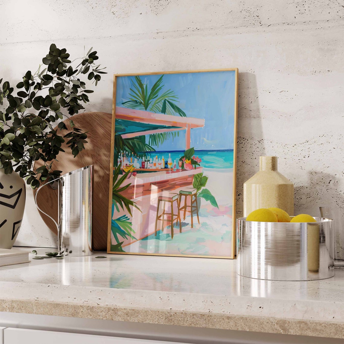 Pastel Pink Beach Bar White Canopy Bottles Palm Trees Ocean Poster - Image 2