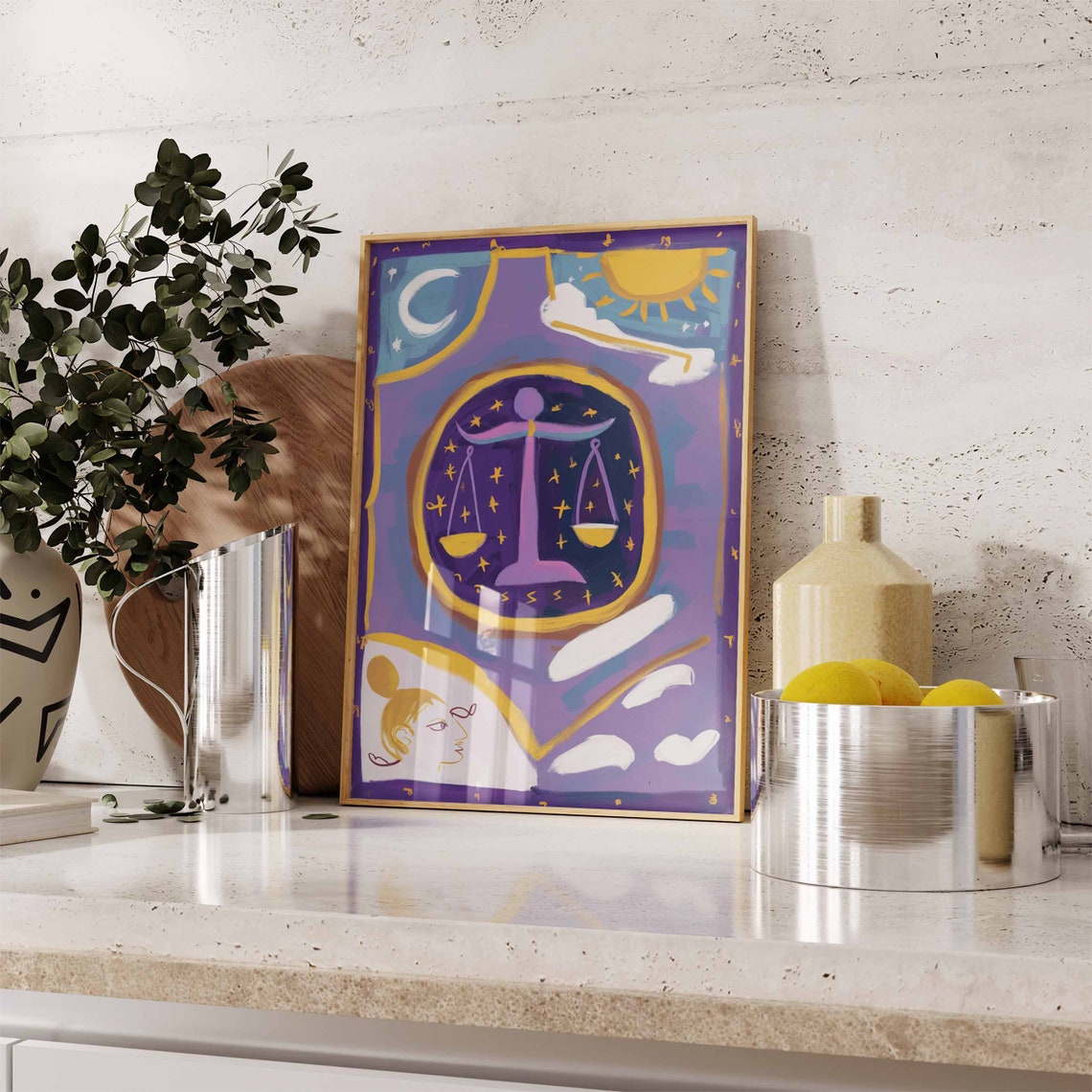 Libra Zodiac Scales Lavender Starry Sky Woman Line Art Poster - Image 3