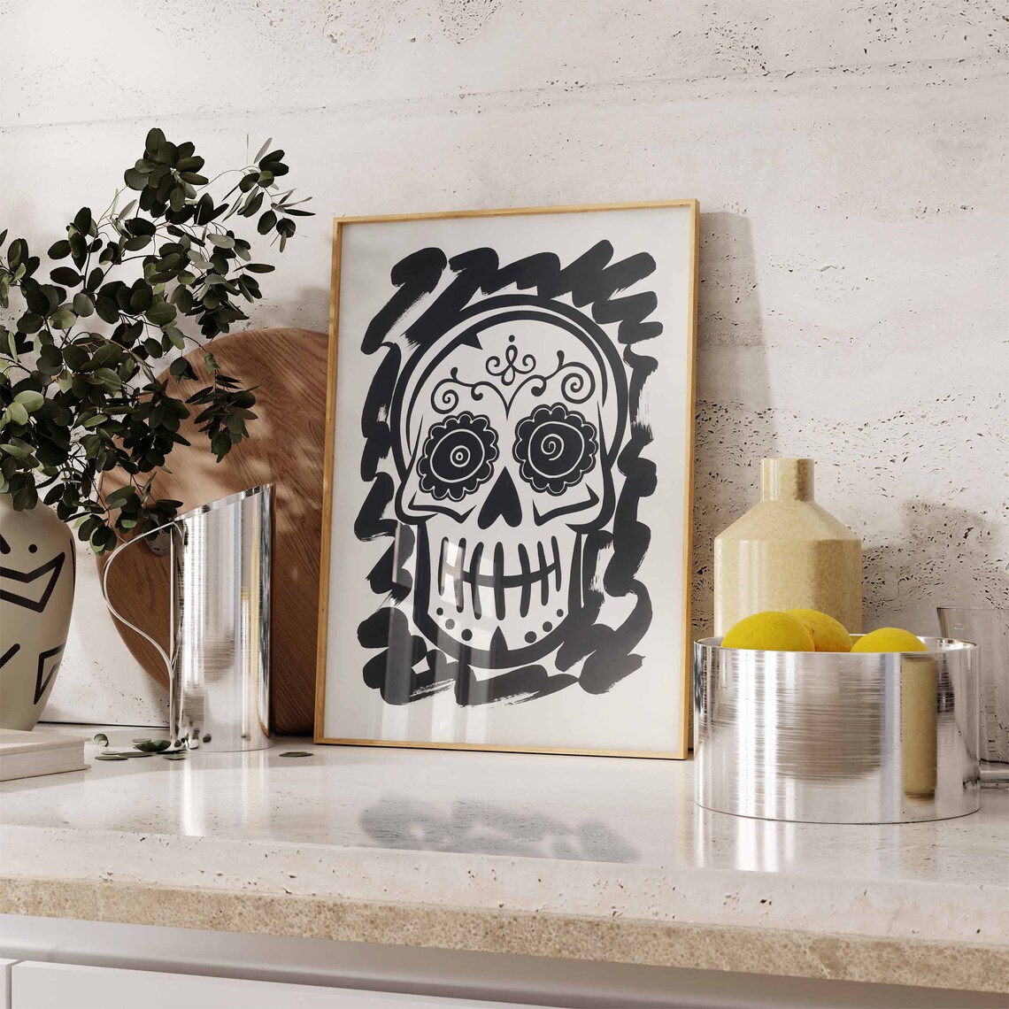 Ornate Sugar Skull With Round Eyes Black And White Art Poster - Image 3