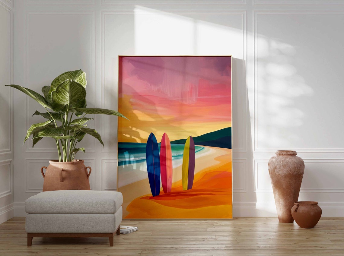 Three Colorful Surfboards on a Golden Beach at Sunset Poster - Image 3