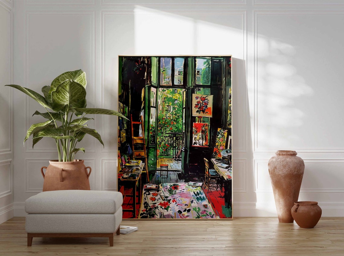 Dark Artist Studio with Garden Facing French Windows Rug Poster - Image 3