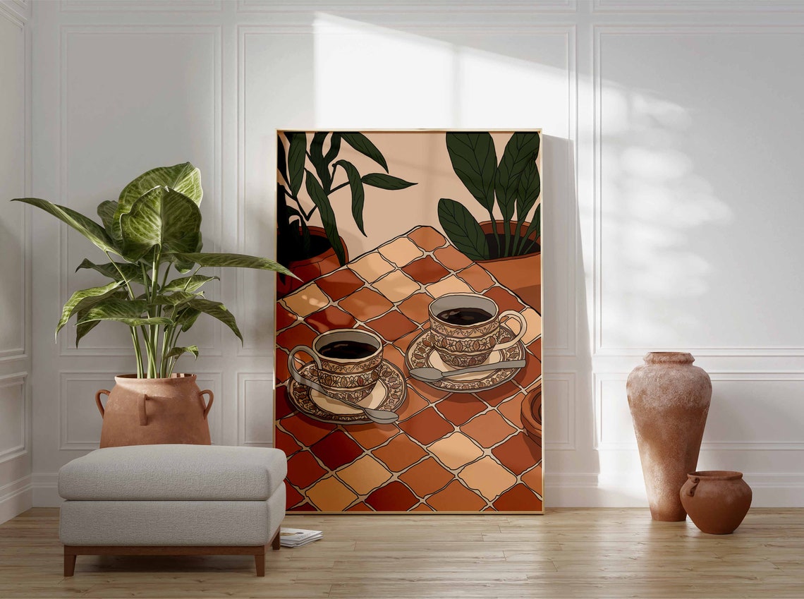 Ornate Coffee Cups on Terracotta Tile Table Plant Art Poster - Image 3