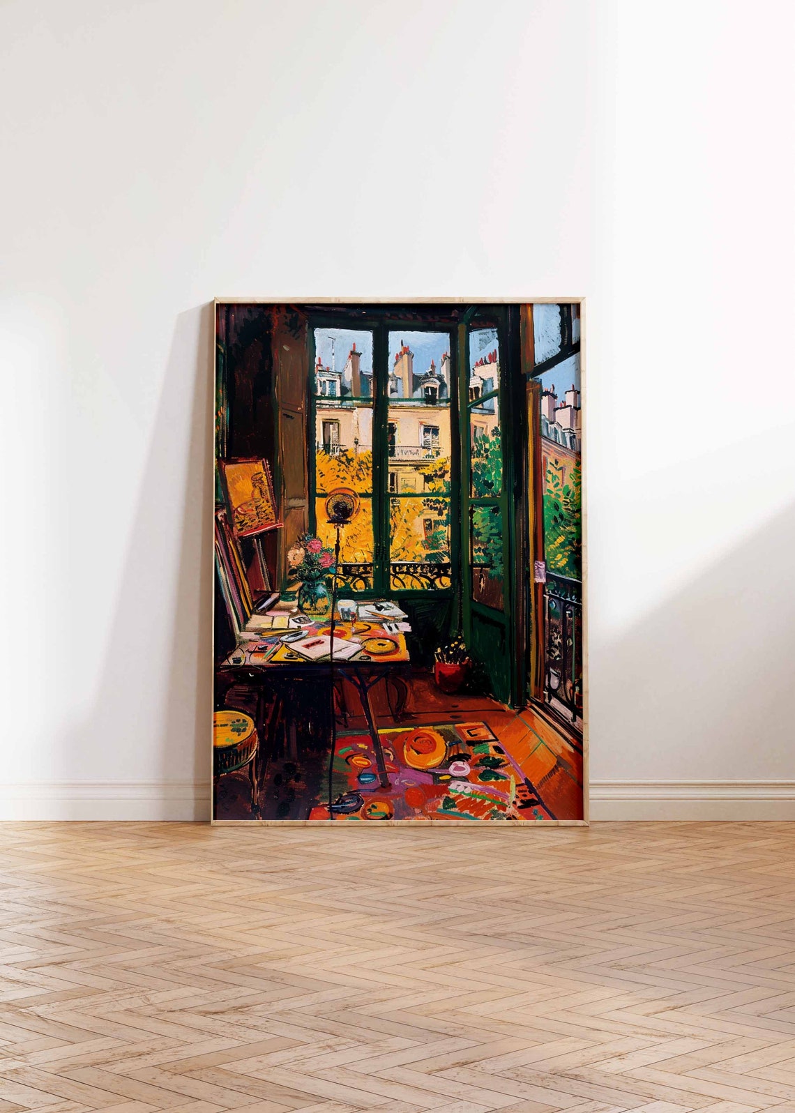 Sunlit Parisian Apartment with French Windows Rooftop View Poster - Image 2