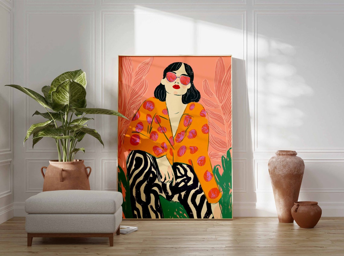 Woman in Pink Sunglasses and Polka Dots Colorful Botanical Poster - Image 2