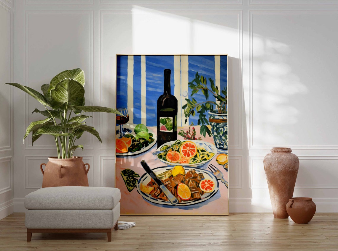 Vintage Dinner Table Food Poster Wine Bottle Citrus Still Life Art - Image 2