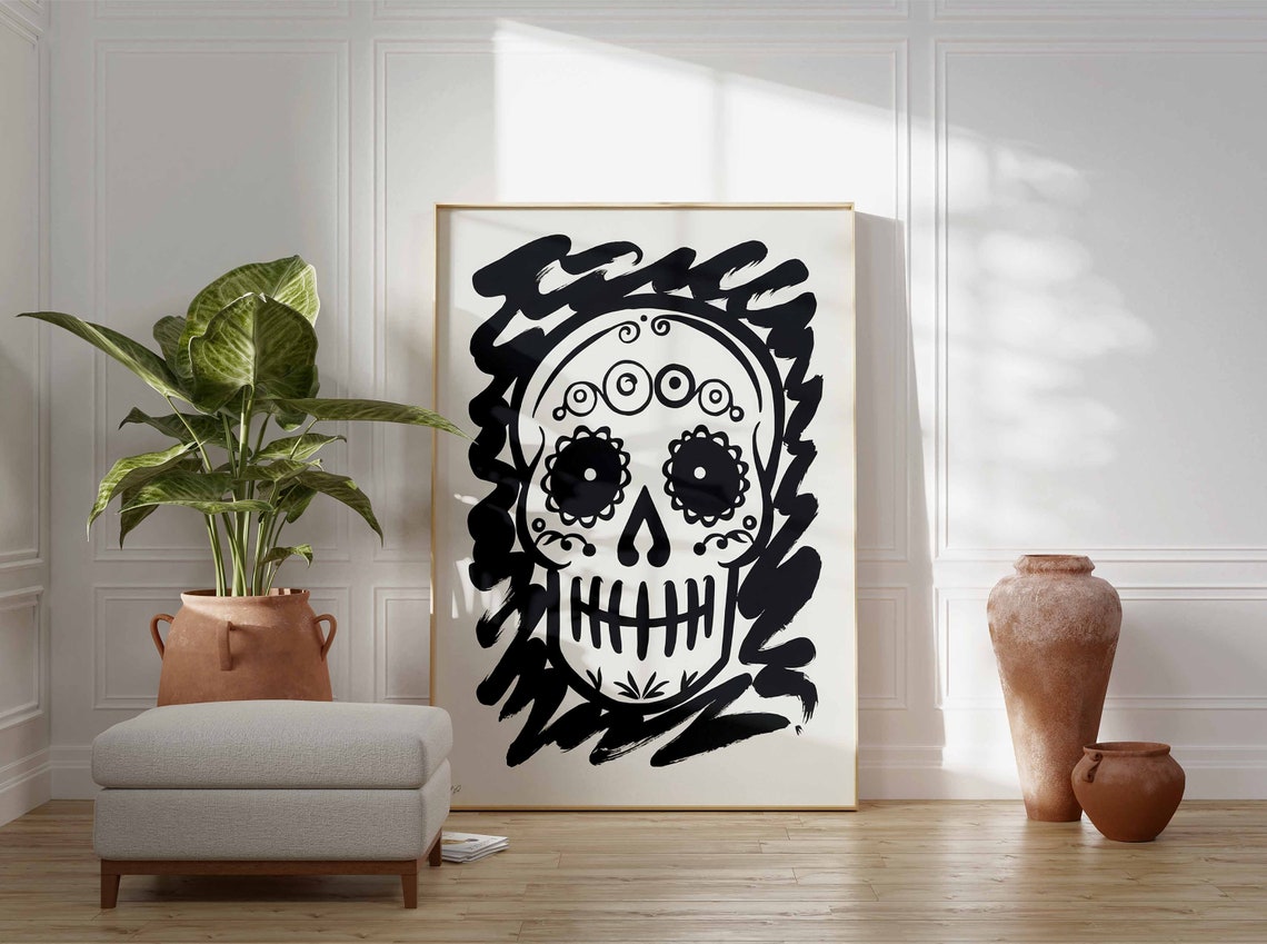 Decorative Sugar Skull With Spiral Motifs Black And White Poster - Image 2