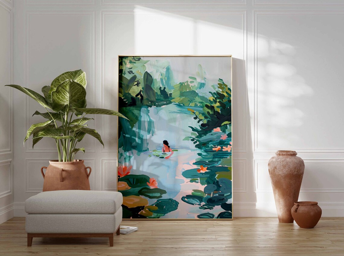 Woman Swimming in Lily Pond with Pink Flowers Botanical Art Poster - Image 2