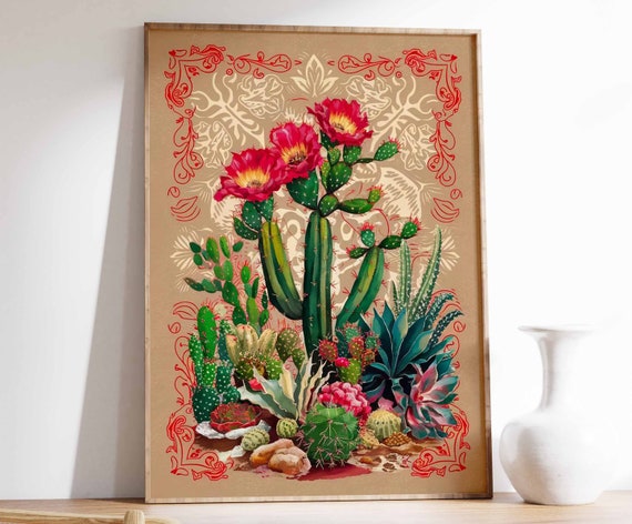 Cactus Garden Blooming Red Flowers Vintage Botanical Art Poster