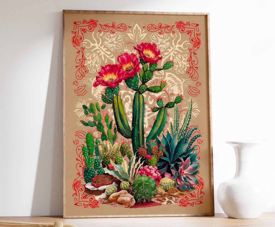 Cactus Garden Blooming Red Flowers Vintage Botanical Art Poster
