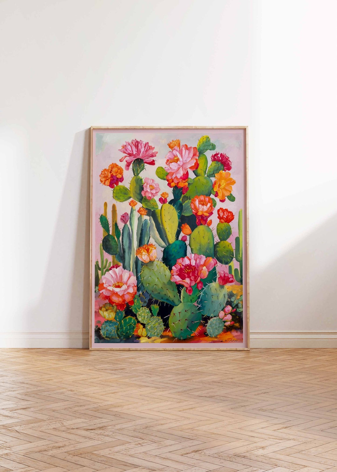 Pink Blooming Cactus Flowers Painterly Desert Beautiful Wall Art - Image 3