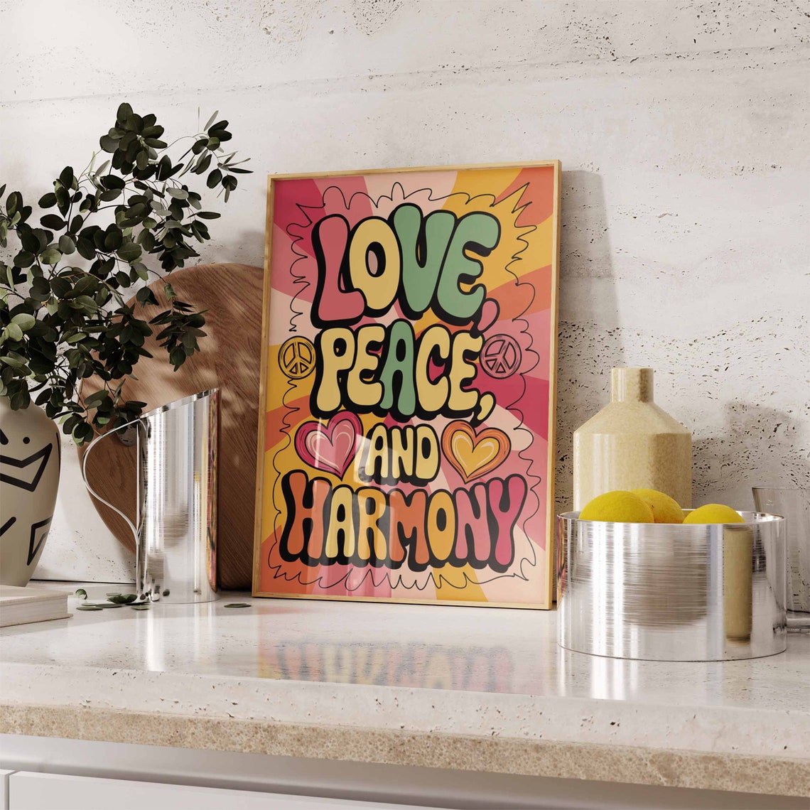 Love Peace and Harmony Hippie Retro 70s Bubble Letter Sunburst Poster - Image 3