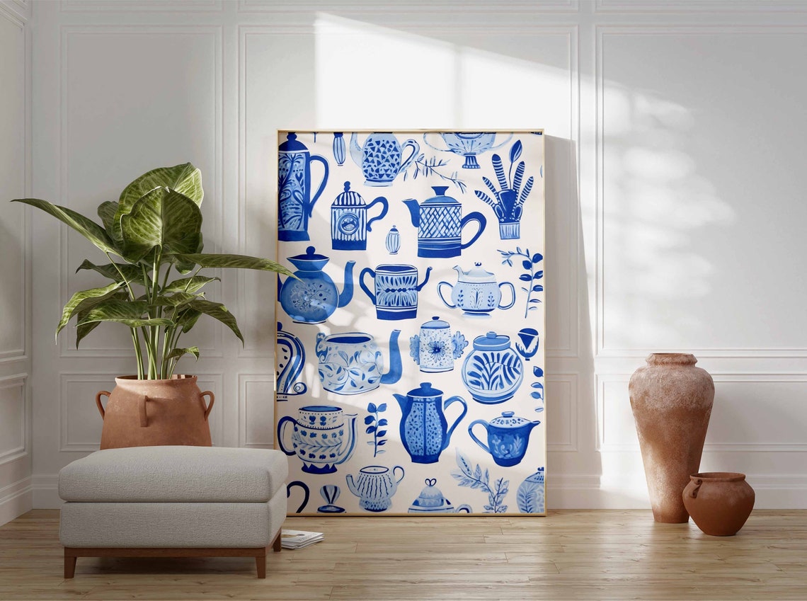 Blue and White Teapot Collection Retro Kitchen Illustration Poster - Image 3