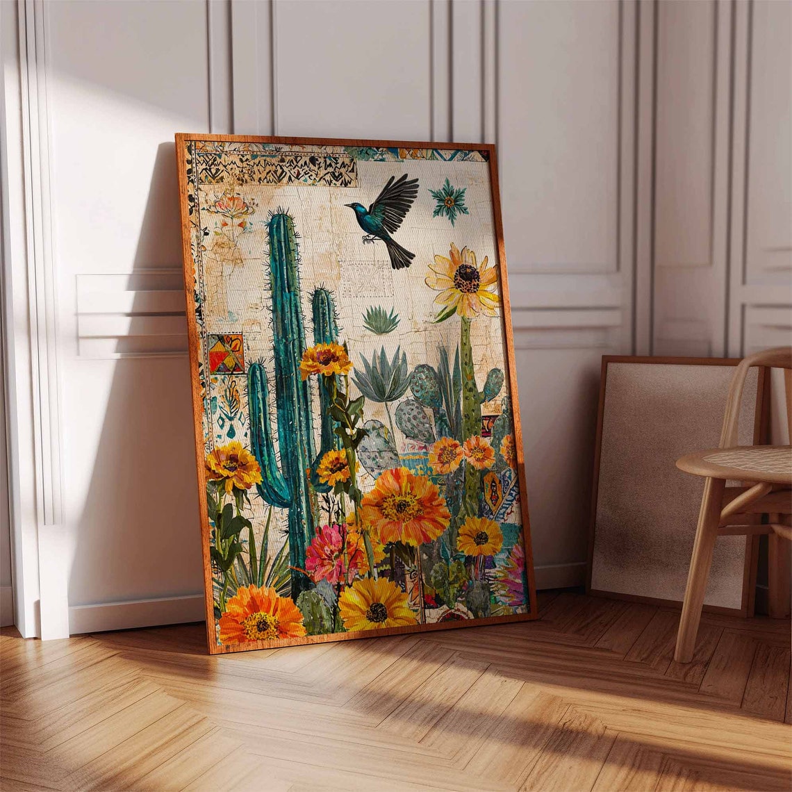 Cactus Sunflower Vintage Collage Bird Southwest Botanical Wall Art - Image 3