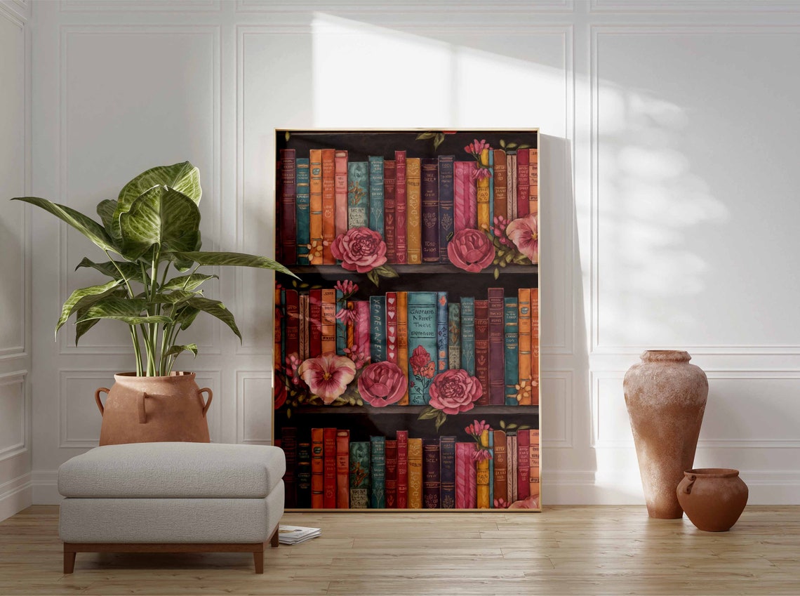 Dark Wood Bookshelf with Pink Peonies Vintage Library Poster - Image 3