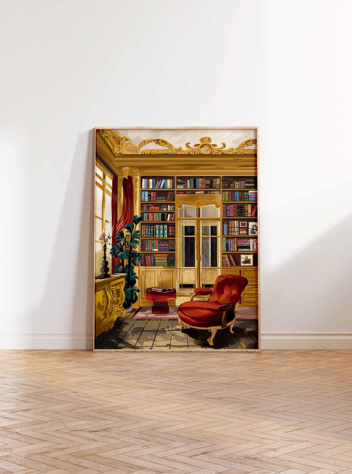Ornate Library Poster with Red Armchair and Golden Bookshelves Art - Image 2
