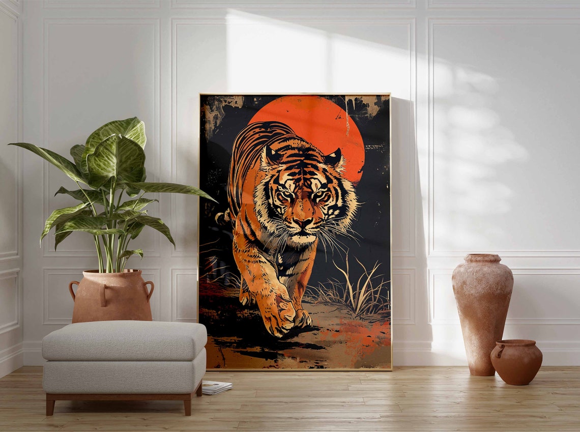 Vintage Tiger Prowling Orange Sun Japanese Style Jungle Poster - Image 2