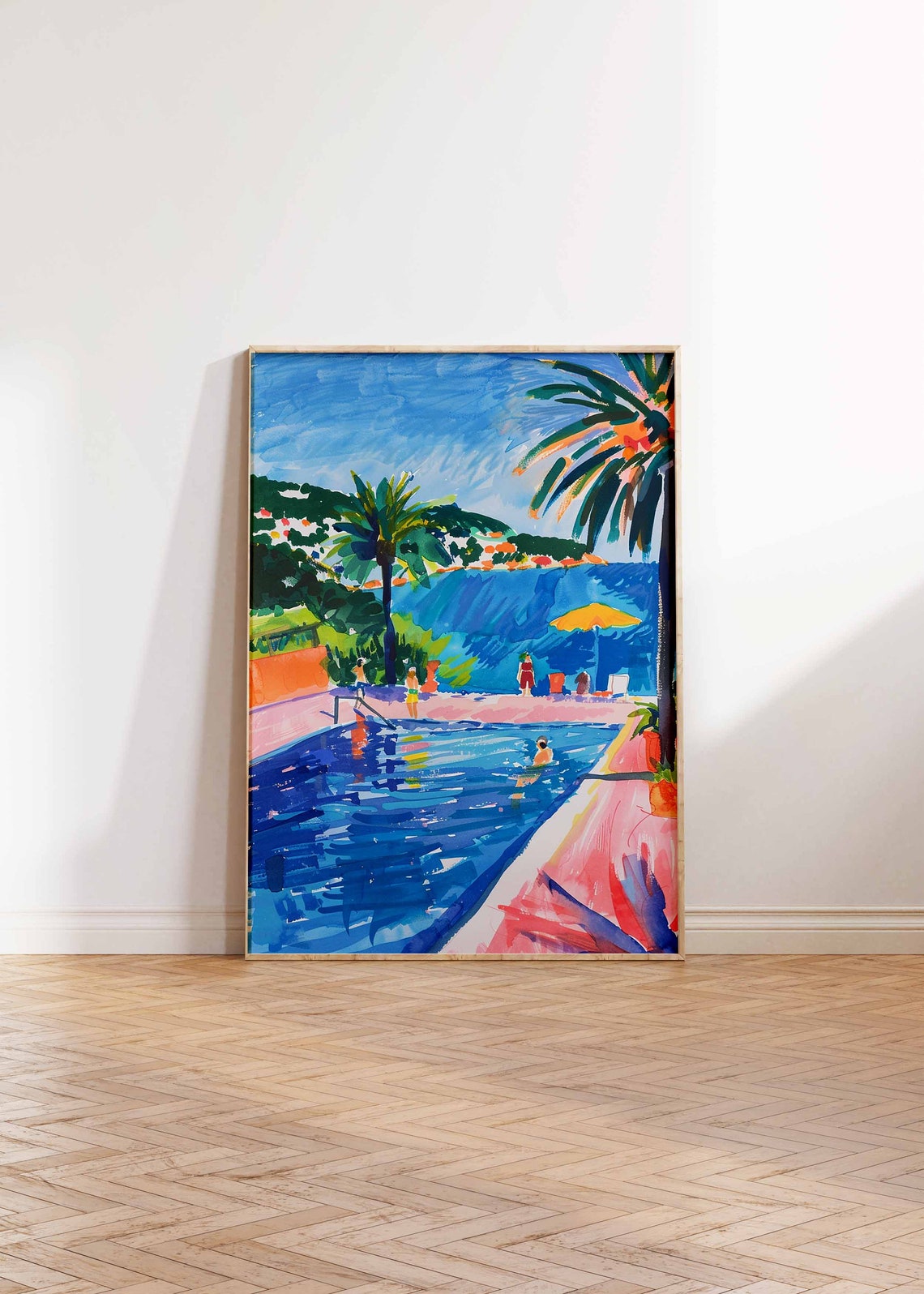 Mediterranean Poolside Palm Trees Yellow Umbrella Sea Art Poster - Image 3